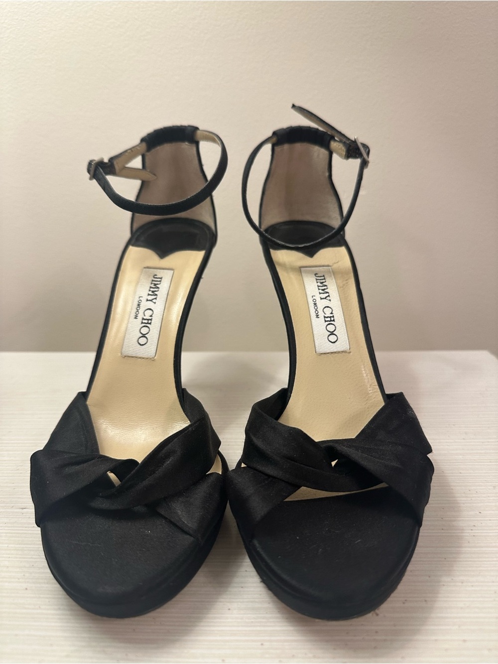 Jimmy Choo Black Satin Ankle-Strap Platform Heels